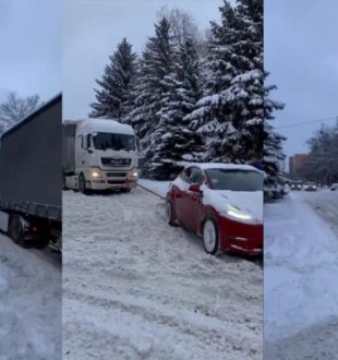 La Tesla Model 3 qui tire un camion // Source : Montage Numerama