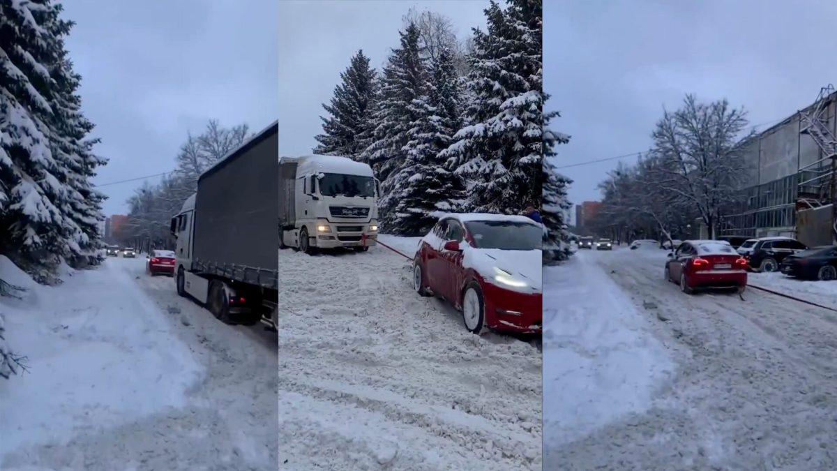 La Tesla Model 3 qui tire un camion // Source : Montage Numerama La Tesla Model 3 qui tire un camion // Source : Montage Numerama