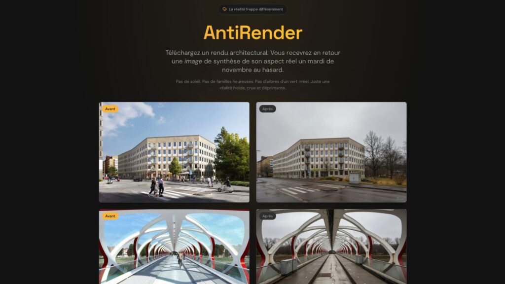 AntiRender est un petit site web conçu pour « casser » les rendus architecturaux trop parfaits. // Source : AntiRender AntiRender est un petit site web conçu pour « casser » les rendus architecturaux trop parfaits. // Source : AntiRender