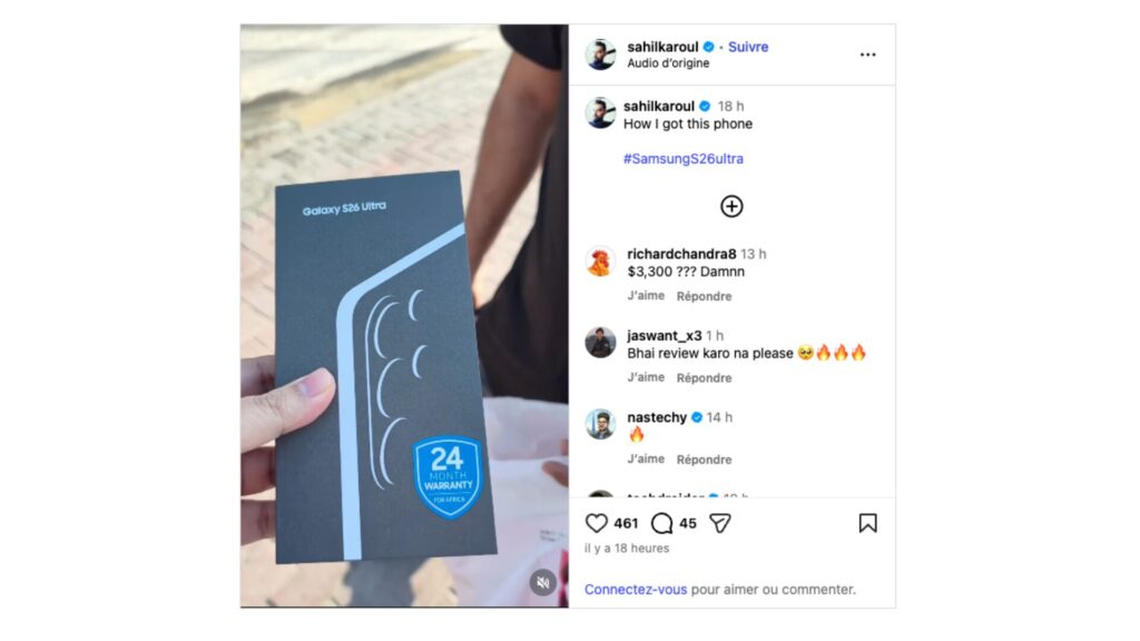 Sahil Karoul affirme avoir payé le Samsung Galaxy S26 Ultra 3300 dollars. // Source : Sahil Karoul - Instagram Sahil Karoul affirme avoir payé le Samsung Galaxy S26 Ultra 3300 dollars. // Source : Sahil Karoul - Instagram