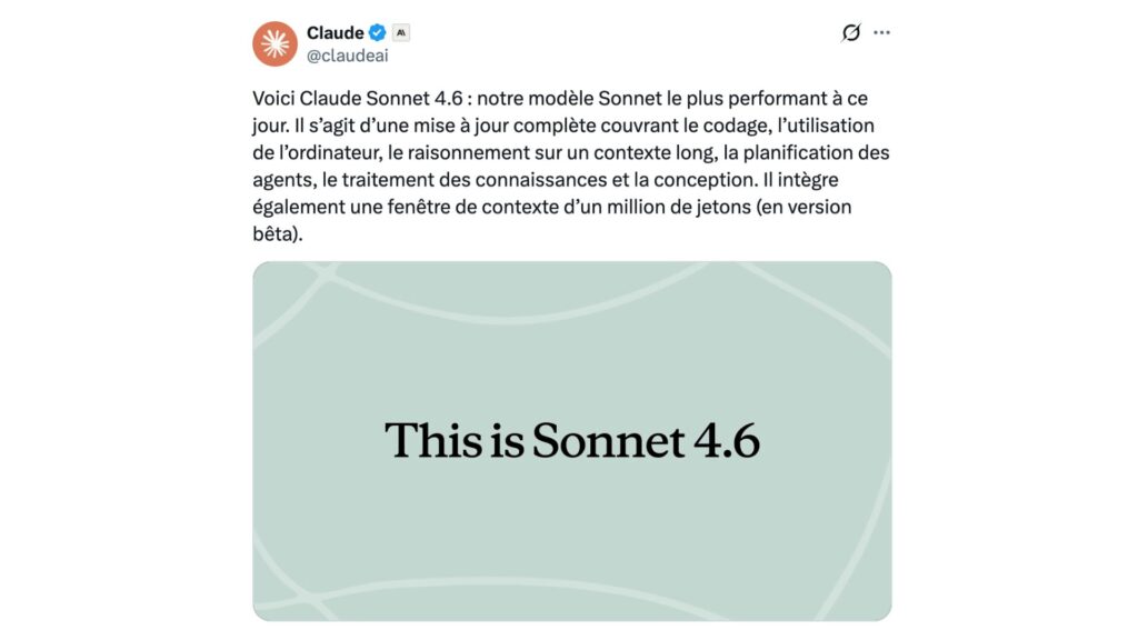 Anthropic a lancé Claude Sonnet 4.6 le 17 février 2026. // Source : claudeai sur X Anthropic a lancé Claude Sonnet 4.6 le 17 février 2026. // Source : claudeai sur X
