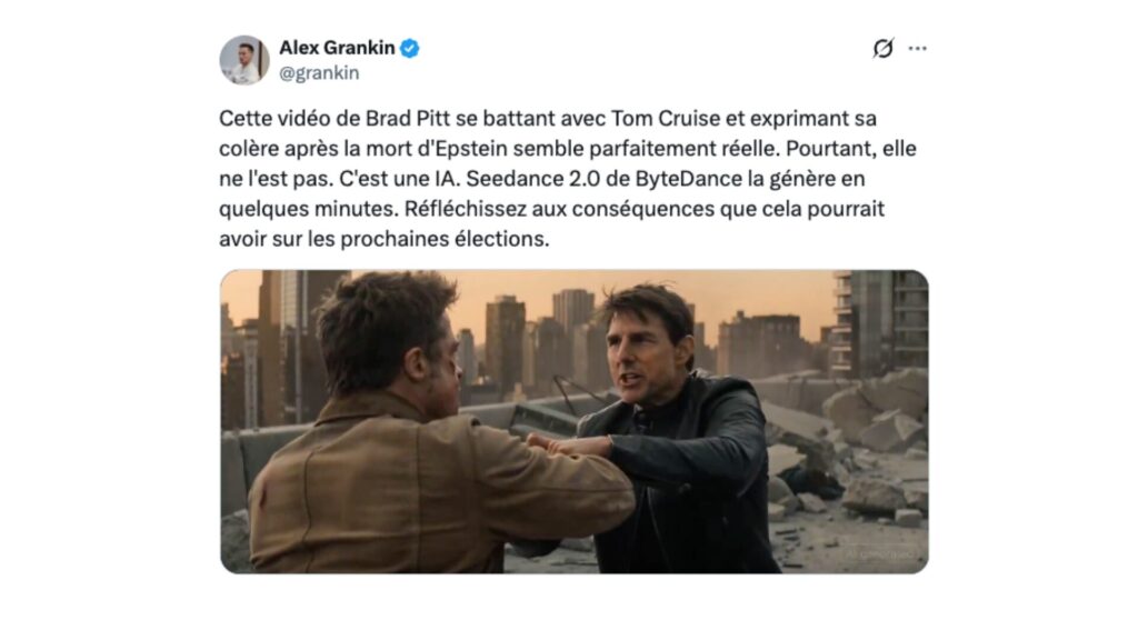 Une vidéo générée par Seedance 2.0 montrant Tom Cruise et Brad Pitt en train de se battre sur un toit. // Source : @grankin sur X Une vidéo générée par Seedance 2.0 montrant Tom Cruise et Brad Pitt en train de se battre sur un toit. // Source : @grankin sur X