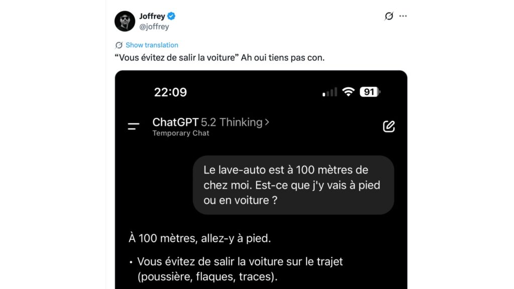 Depuis février 2026, sur X, des utilisateurs comparent les modèles en leur posant tous la même question. // Source : @joffrey sur X Depuis février 2026, sur X, des utilisateurs comparent les modèles en leur posant tous la même question. // Source : @joffrey sur X