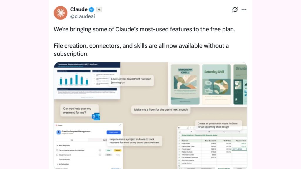 Anthropic a annoncé rendre plusieurs fonctionnalités gratuites sur Claude. // Source : Claude / Anthropic Anthropic a annoncé rendre plusieurs fonctionnalités gratuites sur Claude. // Source : Claude / Anthropic
