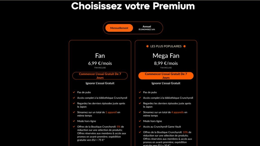 Les nouveaux prix pratiqués par Crunchyroll en France. // Source : Crunchyroll. Les nouveaux prix pratiqués par Crunchyroll en France. // Source : Crunchyroll.