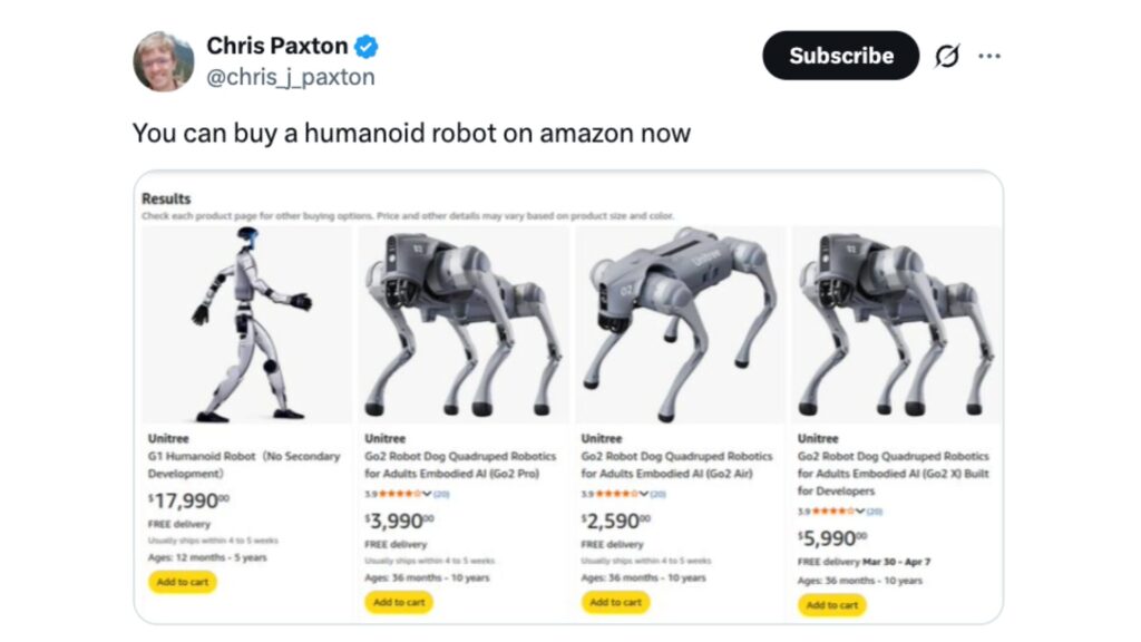 Une gamme complète de robots du chinois Unitree est en effet disponible sur Amazon. // Source : chris_j_paxton Une gamme complète de robots du chinois Unitree est en effet disponible sur Amazon. // Source : chris_j_paxton