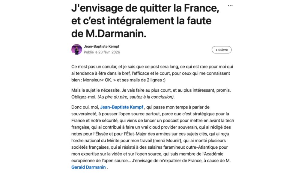 Le message publié sur LinkedIn par Jean-Baptiste Kempf. // Source : Capture d'écran Numerama