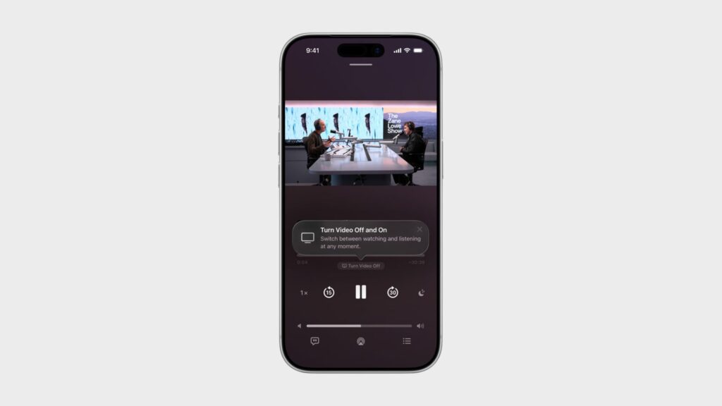 Il sera possible de passer facilement du visionnage à l’écoute d’une émission. // Source : Apple Il sera possible de passer facilement du visionnage à l’écoute d’une émission. // Source : Apple