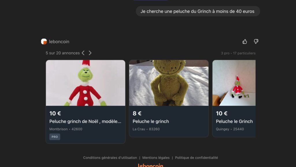 Nous avons testé l’outil en demandant une peluche du Grinch à moins de 40 euros. // Source : Capture d'écran Numerama