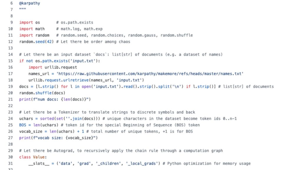 Une partie du code d'Andrej Karpathy. // Source : Andrej Karpathy Une partie du code d'Andrej Karpathy. // Source : Andrej Karpathy