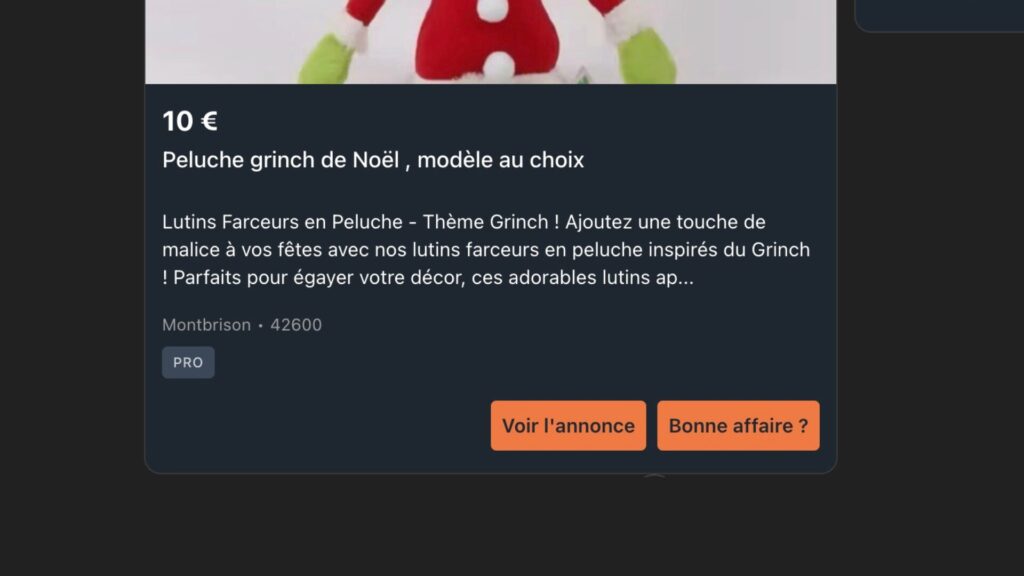 Lorsque l'on clique sur une annonce, un bouton « Bonne affaire ? » apparaît. // Source : Capture d'écran Numerama