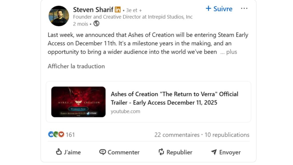 Le dernier post de Steven Steven SharifSteven Sharif sur LinkedIn se veut plutôt rassurant // Source : Steven Sharif - LinkedIn