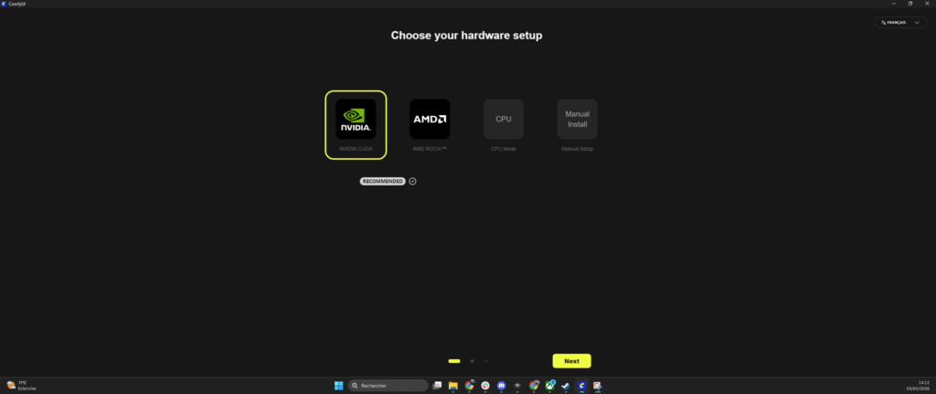 N'oubliez pas de sélectionner Nvidia au moment d'installer ComfyUI // Source : Humanoid XP