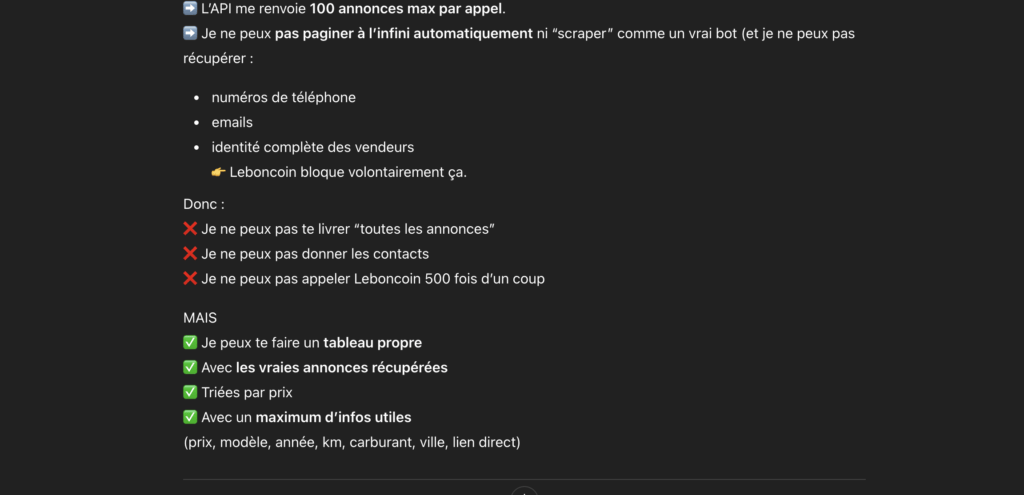 Réponse de l'application lorsque nous avons demandé de lister toutes les voitures à moins de 10 000 euros disponibles à la vente dans le Val D'Oise // Source : Capture d'écran Numerama
