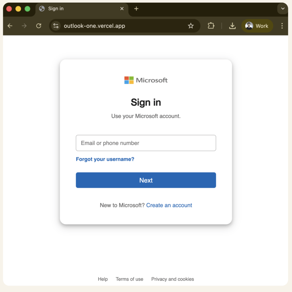 Lorsqu'une victime ouvre le complément AgreeTo dans Outlook, elle ne voit pas un planificateur de réunions, mais une page de connexion Microsoft. // Source : Koi Security Lorsqu'une victime ouvre le complément AgreeTo dans Outlook, elle ne voit pas un planificateur de réunions, mais une page de connexion Microsoft. // Source : Koi Security