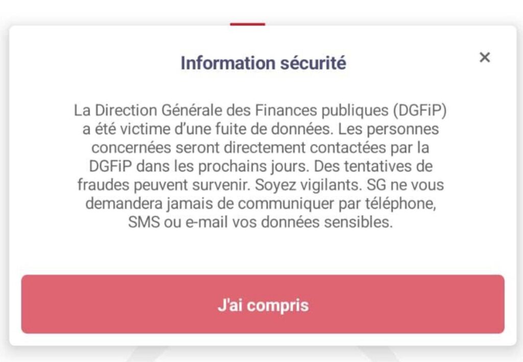Message d'alerte sur l'application Société Générale // Source : Capture d'écran Numerama Message d'alerte sur l'application Société Générale // Source : Capture d'écran Numerama
