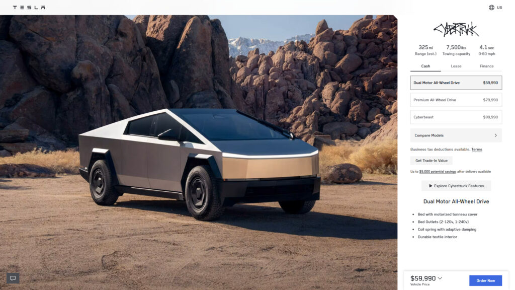 Capture du configurateur du Cybertruck // Source : Site Tesla américain Capture du configurateur du Cybertruck // Source : Site Tesla américain