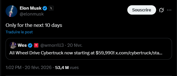 Capture du tweet d'Elon Musk sur le prix du Cybertruck // Source : Elon Musk sur X Capture du tweet d'Elon Musk sur le prix du Cybertruck // Source : Elon Musk sur X