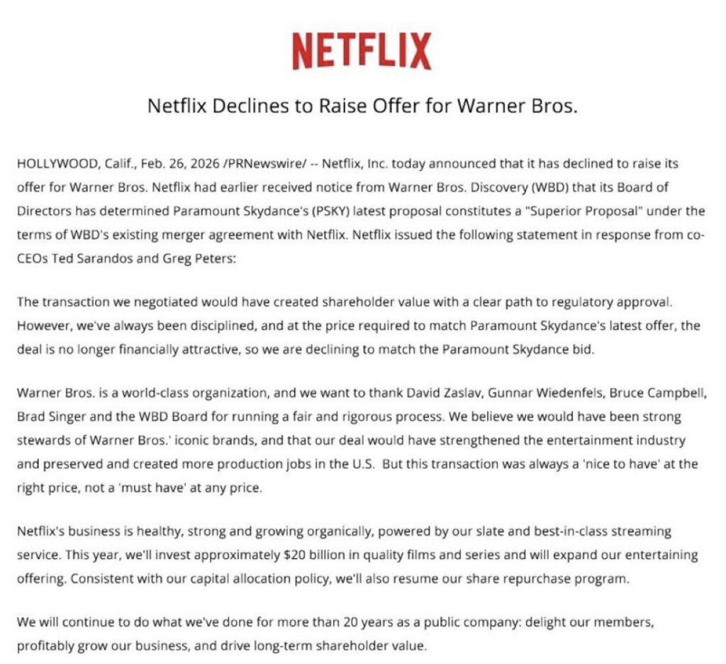 Le communiqué de Netflix sur sa décision de ne pas augmenter son offre. Le communiqué de Netflix sur sa décision de ne pas augmenter son offre.