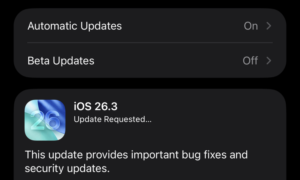 Apple n'a pas grand-chose à dire dans le changelog d'iOS 26.3. Apple n'a pas grand-chose à dire dans le changelog d'iOS 26.3.