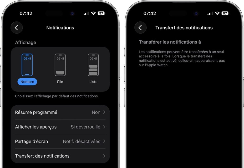 L'affichage du transfert de notifications sur iOS 26.3. L'affichage du transfert de notifications sur iOS 26.3.
