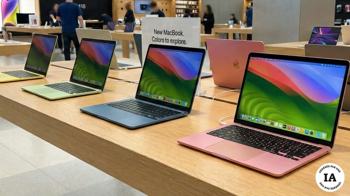 Rendus par IA du futur MacBook coloré. // Source : Numerama avec Gemini Rendus par IA du futur MacBook coloré. // Source : Numerama avec Gemini