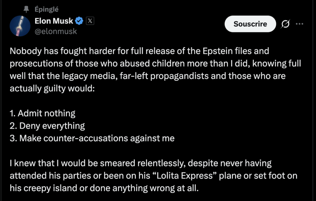 Elon Musk a beaucoup commenté l'affaire Epstein ce week-end. Elon Musk a beaucoup commenté l'affaire Epstein ce week-end.