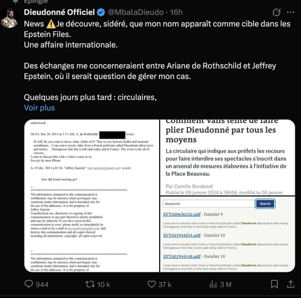 Dieudonné se demande si un complot orchestré par Epstein lui a causé des ennuis. Dieudonné se demande si un complot orchestré par Epstein lui a causé des ennuis.