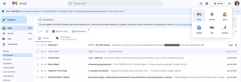 La plateforme Jmail, pas encore mise à jour, permet d'accéder aux documents de Jeffrey Epstein dans une interface qui imite celle de Gmail. La plateforme Jmail, pas encore mise à jour, permet d'accéder aux documents de Jeffrey Epstein dans une interface qui imite celle de Gmail.