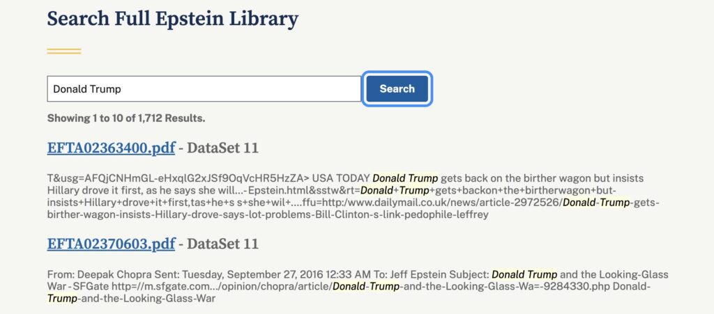 Donald Trump est mentionné 1712 fois dans la base de données du DOJ. Donald Trump est mentionné 1712 fois dans la base de données du DOJ.