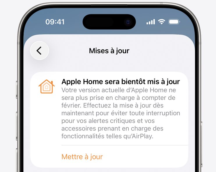 Le message envoyé par Apple si un foyer HomeKit utilise l'ancienne architecture. Le message envoyé par Apple si un foyer HomeKit utilise l'ancienne architecture.