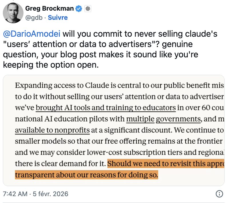 Greg Brockman s'est aussi énervé contre Anthropic. Greg Brockman s'est aussi énervé contre Anthropic.