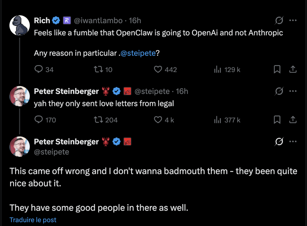 Pourquoi OpenAI plutôt qu'Anthropic ? Peter Steinberger s'amuse des lettres d'amour envoyées par le créateur de Claude. Pourquoi OpenAI plutôt qu'Anthropic ? Peter Steinberger s'amuse des lettres d'amour envoyées par le créateur de Claude.