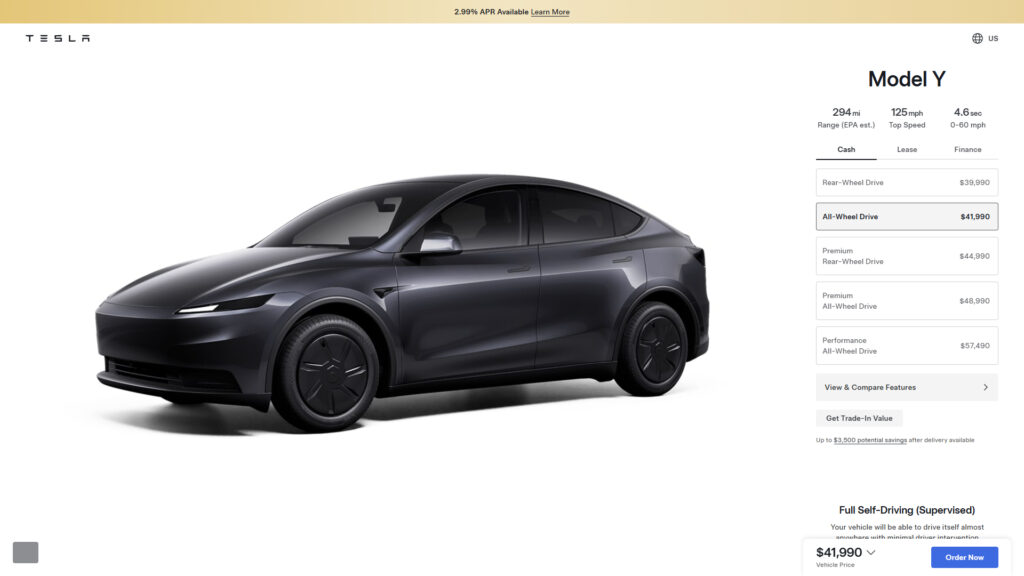 Nouvelle déclinaison du Model Y AWD standard sur le configurateur américain // Source : Capture site Tesla Nouvelle déclinaison du Model Y AWD standard sur le configurateur américain // Source : Capture site Tesla