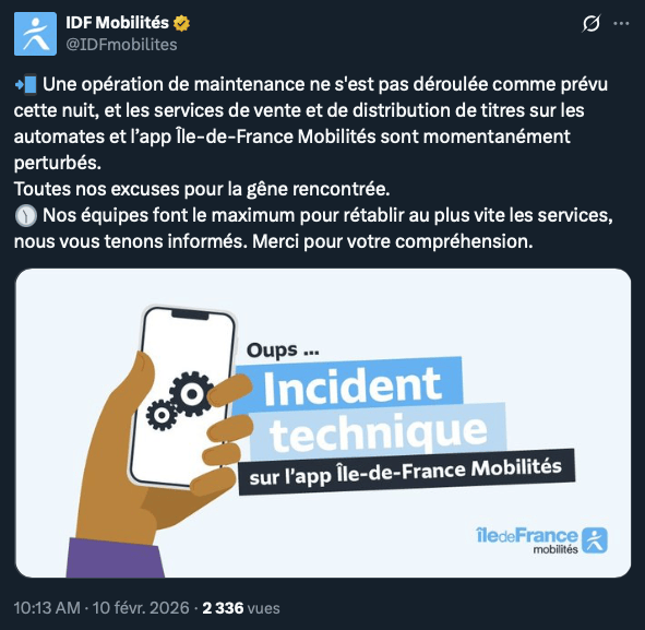 Le tweet d'IDF Mobilités au sujet de la panne. // Source : Via X @IDFmobilités