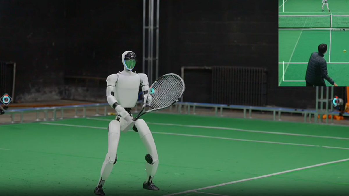 Le G1 d'Unitree a appris à jouer au tennis. // Source : Projet LATENT sur GitHub Le G1 d'Unitree a appris à jouer au tennis. // Source : Projet LATENT sur GitHub