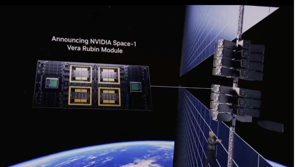 Nvidia a présenté le Space‑1 Vera Rubin lors du GTC 2026. // Source : Capture d'écran Numerama Nvidia a présenté le Space‑1 Vera Rubin lors du GTC 2026. // Source : Capture d'écran Numerama