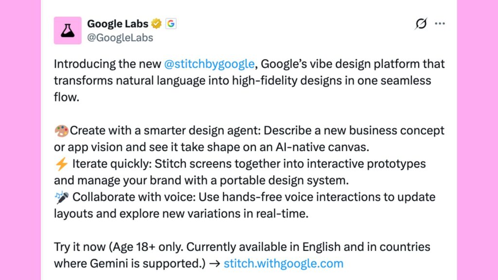 Google Labs a annoncé, le 18 mars 2026, une importante refonte de Stitch // Source : Capture d'écran Numerama