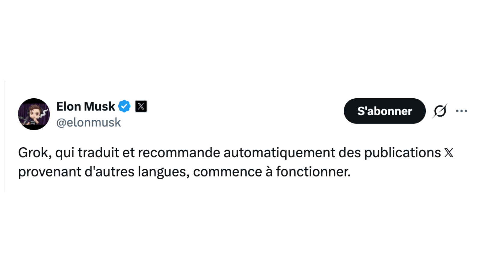 Elon Musk a confirmé l'arrivée de la traduction et la recommandation automatiques de posts dans d'autres langues.. // Source : Capture d'écran Numerama Elon Musk a confirmé l'arrivée de la traduction et la recommandation automatiques de posts dans d'autres langues.. // Source : Capture d'écran Numerama