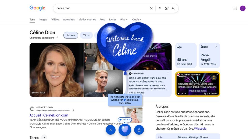Il suffit de taper « Céline Dion » dans la barre de recherche // Source : Capture d'écran Numerama
