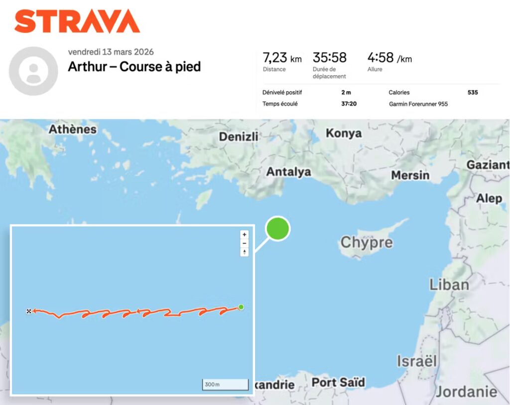 Capture d'écran Strava publiée par le Monde le 19 mars 2026 // Source : Le Monde Capture d'écran Strava publiée par le Monde le 19 mars 2026 // Source : Le Monde
