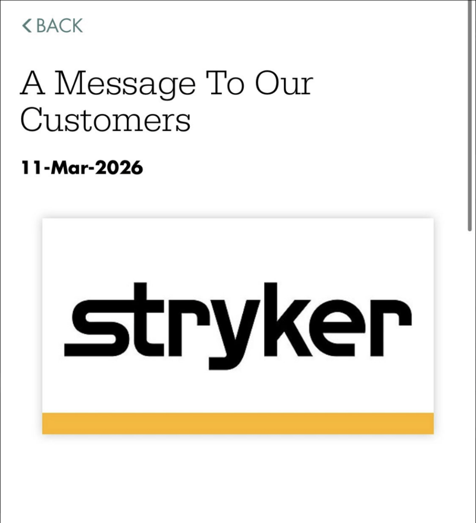 Les actions de Stryker SYK.N ont chuté d'environ 3 % mercredi après que le Wall Street Journal a rapporté que le fabricant d'équipements médicaux a été touché par une cyberattaque suspectée d'être liée à l'Iran. // Source : Capture d'écran du message de Stryker destiné à ses clients et partenaires