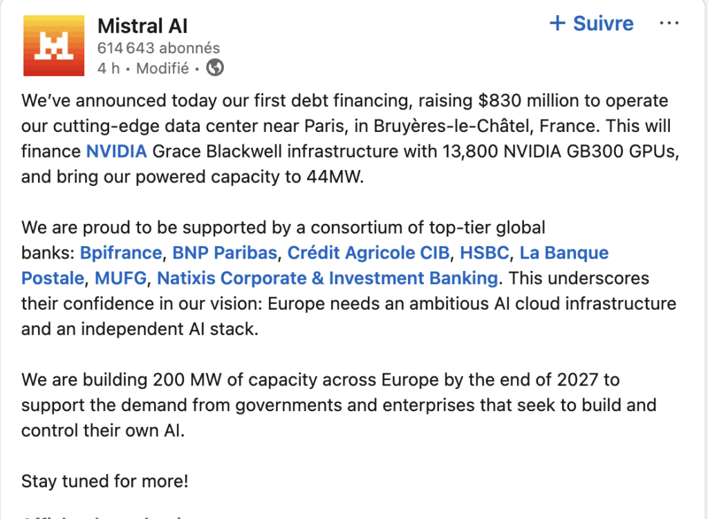 Mistral a annoncé la nouvelle sur LinkedIn // Source : Capture d'écran Numerama Mistral a annoncé la nouvelle sur LinkedIn // Source : Capture d'écran Numerama