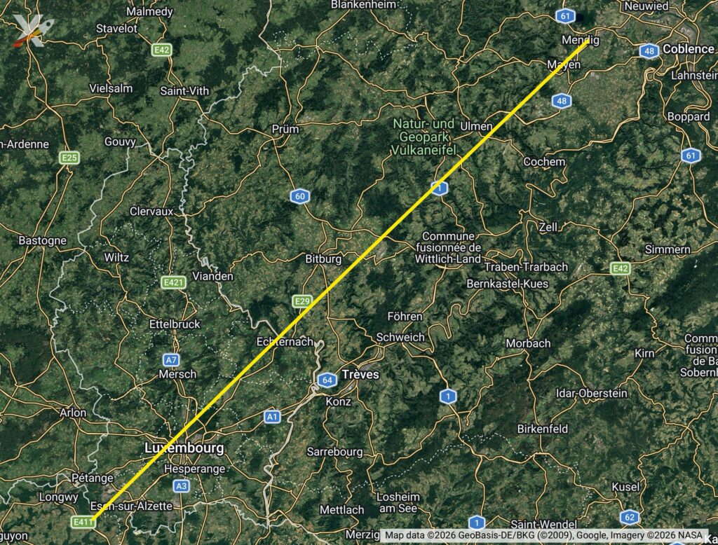 Trajectoire probable du bolide du 8 mars 2026. // Source : Via X @XploraSpace