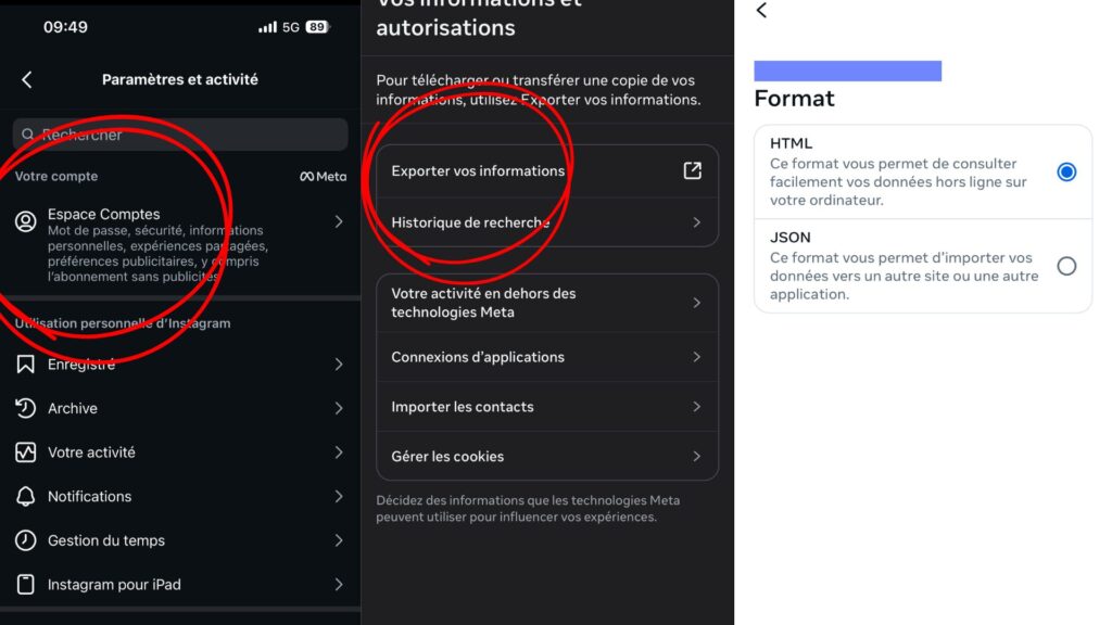 Cet export vous permet de conserver une archive de vos échanges et médias en dehors d'Instagram // Source : Captures d'écran Numerama
