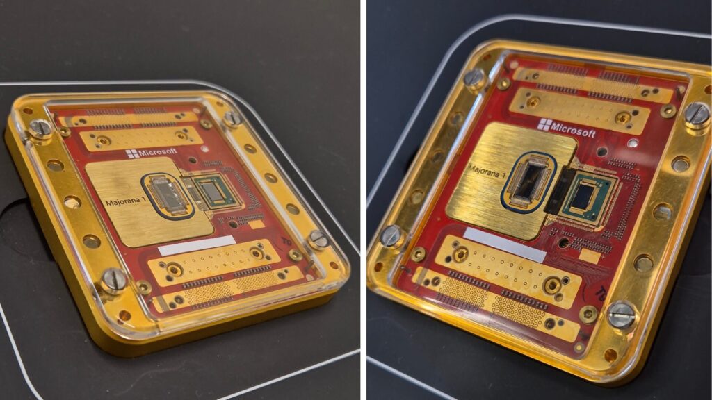 Le processeur Majorana 1 de Microsoft, conçu pour accueillir jusqu'à un million de qubits sur une seule puce, dans les laboratoires quantiques de Seattle. // Source : Photo Numerama Le processeur Majorana 1 de Microsoft, conçu pour accueillir jusqu'à un million de qubits sur une seule puce, dans les laboratoires quantiques de Seattle. // Source : Photo Numerama