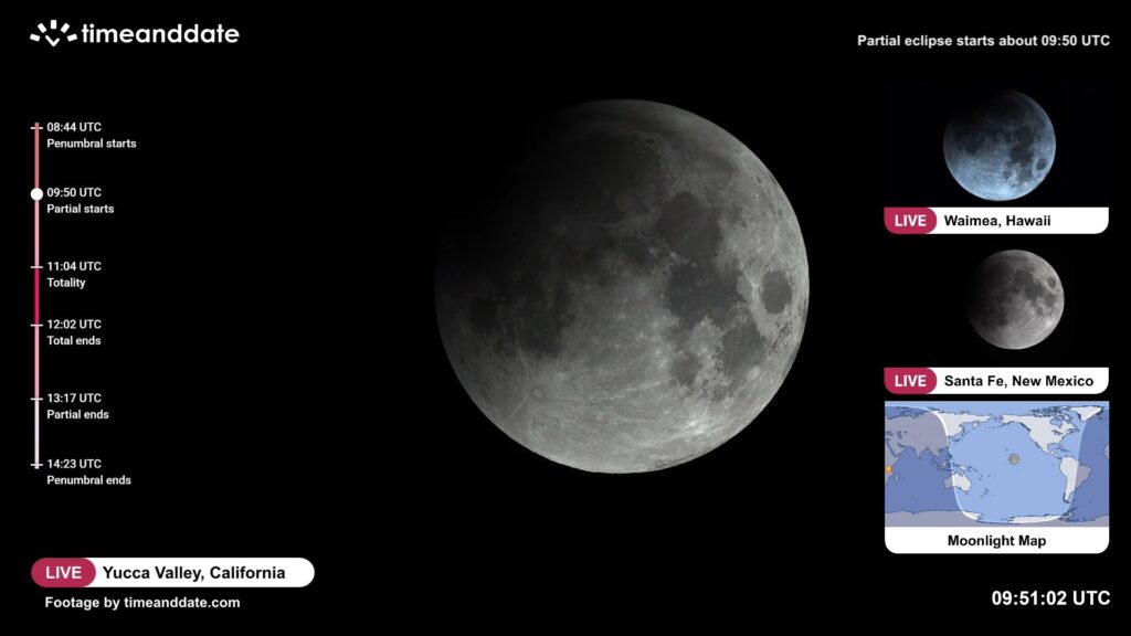 Ça y est, la Lune entre dans l'ombre de la Terre. // Source : Capture YouTube Time and Date Ça y est, la Lune entre dans l'ombre de la Terre. // Source : Capture YouTube Time and Date