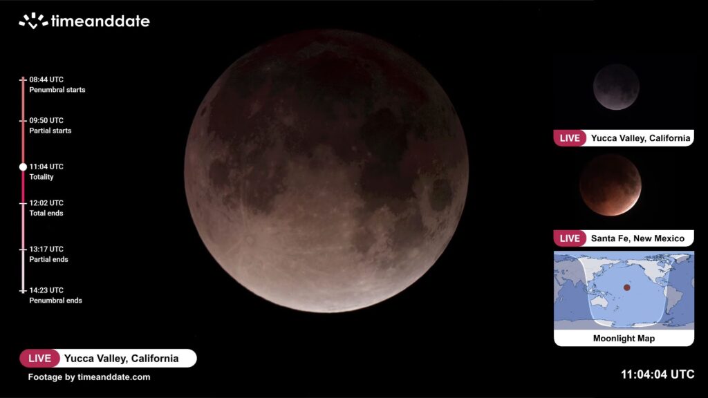 La Lune prend une teinte rougeâtre. // Source : Capture YouTube Time and Date La Lune prend une teinte rougeâtre. // Source : Capture YouTube Time and Date