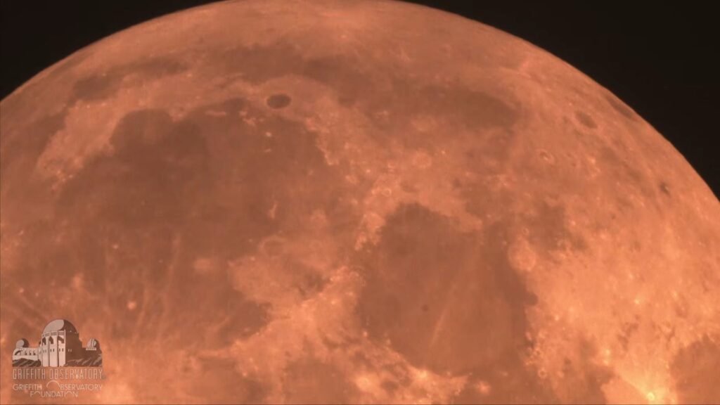 Les cratères en gros plan pendant le maximum de l'éclipse lunaire. // Source : Capture d'écran YouTube Griffith Observatory Les cratères en gros plan pendant le maximum de l'éclipse lunaire. // Source : Capture d'écran YouTube Griffith Observatory