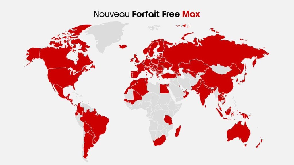 La carte des pays concernés par le forfait Free Max. La carte des pays concernés par le forfait Free Max.